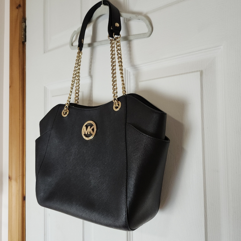 Michael Kors Jet Set Saffiano leather Shoulder Tote Bag Black golden chain Lg - Picture 12 of 16